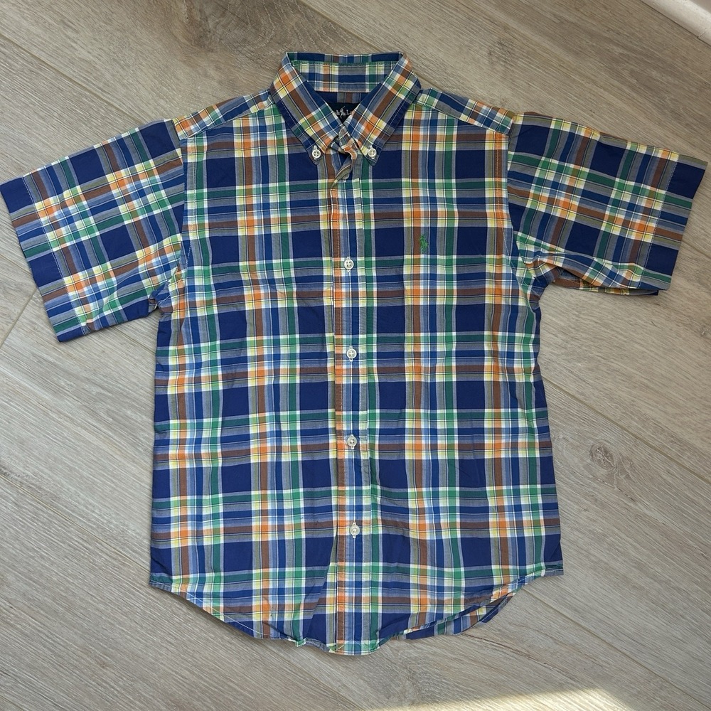 Ralph Lauren Short Sleeve Shirt Youth Kids Boys Size 7 Blue Orange‎  Green Plaid